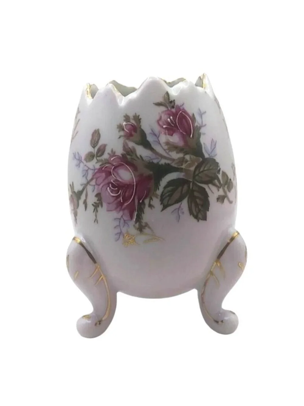 Napcoware Cracked Egg Vase Porcelain Pink 22K Gold Hand Painted Floral Vintage